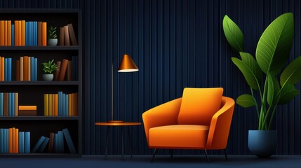 Cozy reading nook with orange chair, bookshelf, and plant.