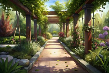A sun-drenched garden path winds through a vibrant, blooming pergola, inviting tranquility and peaceful contemplation under the soft glow of natural light.