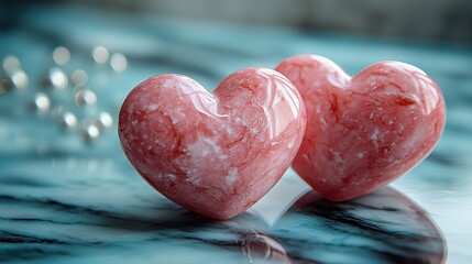 Obraz premium Creating a romantic atmosphere enhanced by a soft blue backdrop perfect for celebrating love, two pink hearts rest on a reflective white marble surface.