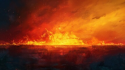 Naklejka premium Dramatic Sunset over Ocean with Fiery Orange and Red Sky Effects