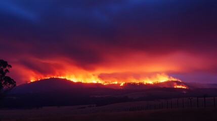 Fototapeta premium Dramatic Sunset Over Mountain Landscape with Wildfire Flames