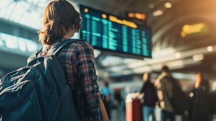 Traveler at Airport with Backpack, Focused on Flight Information Board, Casual Attire, Blurry Passengers in Background, Busy Airport Atmosphere