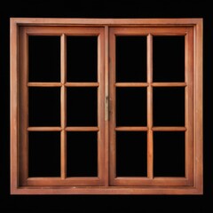 Wooden Window with Double Door, Rectangular Shape, Dark Brown Finish, Black Handle, Glass Panel Divided into Six Sections, Colorful Grid Design.