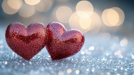 Fototapeta premium Creating a romantic atmosphere perfect for Valentine's Day, wedding, or anniversary celebrations, two red glitter hearts lie on a sparkling white surface.