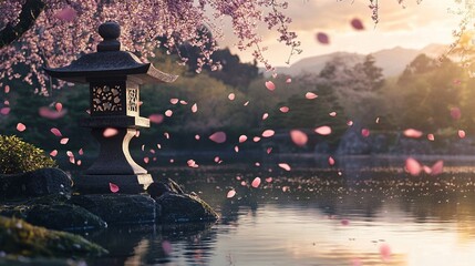 Stone lantern by pond with pink cherry blossoms and falling petals. Serene nature scenery under soft sunlight, tranquil spring garden view.
