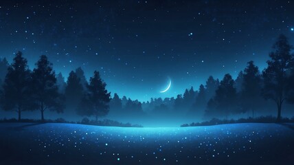 Naklejka premium A serene night scene depicting a tranquil forest under a starry sky. The moon casts a soft glow, illuminating the peaceful environment.