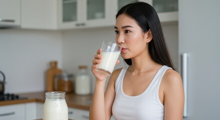 Young Asian Woman Drinking Milk in Modern Kitchen: A Moment of Refreshment and Health