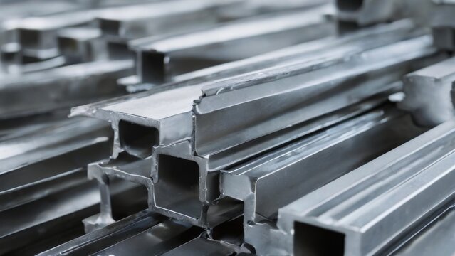 Steel profiles in a grid pattern, stacked and shiny, creating depth with blurred industrial background.