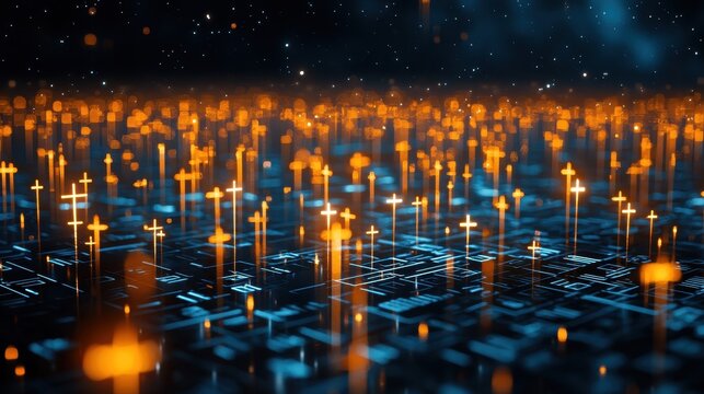 Abstract glowing crosses rise from an interconnected network in a cosmic, tech-inspired landscape.