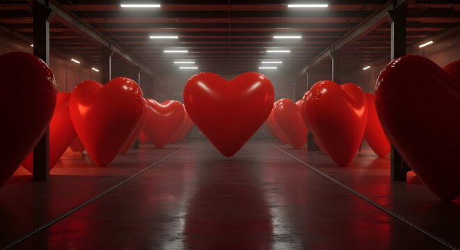 Naklejki Abstract warehouse full of red hearts: a conceptual illustration of love