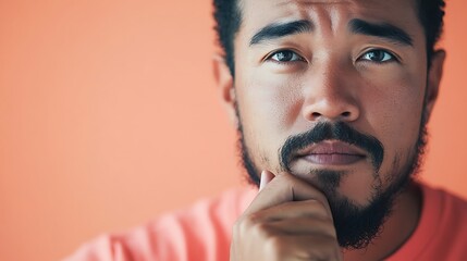 Portrait of a thoughtful man with soft pastel coral background, introspective mood with cinematic lighting and fine details