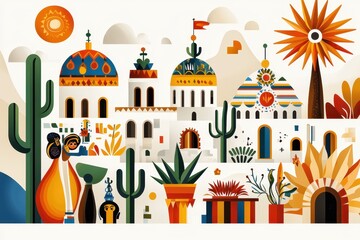 Stylized Southwestern townscape featuring architecture, cactuses, and cultural motifs in vibrant colors.