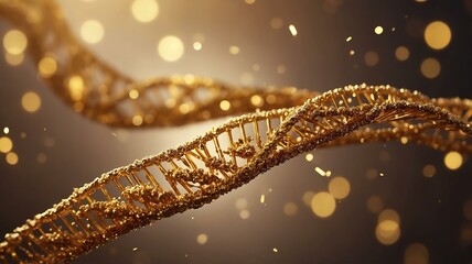 A stunning visualization of a golden DNA double helix, set against a shimmering background, representing the beauty and complexity of genetic science.