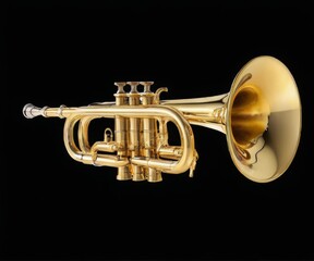 Naklejka premium Golden trumpet with brass body and six valves, centered and facing right on black background.