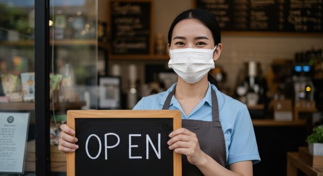 Young Asian Woman Wearing a Face Mask Holding an Open Sign in a Coffee Shop, Representing Resilience and Adaptation During Challenging Times