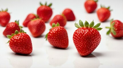 A vibrant arrangement of fresh strawberries against a white background, showcasing their juicy texture and rich red color, perfect for culinary themes.