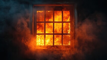 Fototapeta premium During a fierce house fire, smoke rapidly fills a room, with orange flames reflecting in a window's glass, creating a scene of danger and urgency.