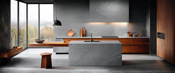 Modern kitchen design featuring gray stone countertops and wooden cabinetry, large windows overlooking a scenic landscape