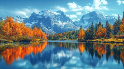 Obraz premium Early morning light illuminates a tranquil lake reflecting colorful autumn foliage and majestic mountains, creating a serene and picturesque landscape.