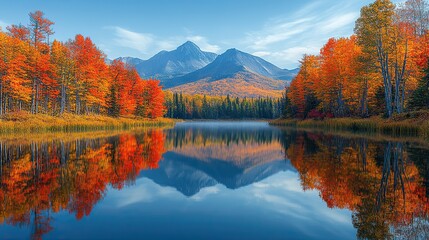 Obraz premium Early morning light illuminates a tranquil lake reflecting colorful autumn foliage and majestic mountains, creating a serene and picturesque landscape.