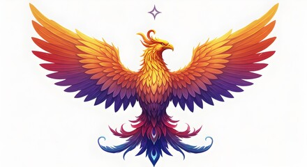 Obraz premium Vibrant phoenix bird illustration with spread wings on a white background