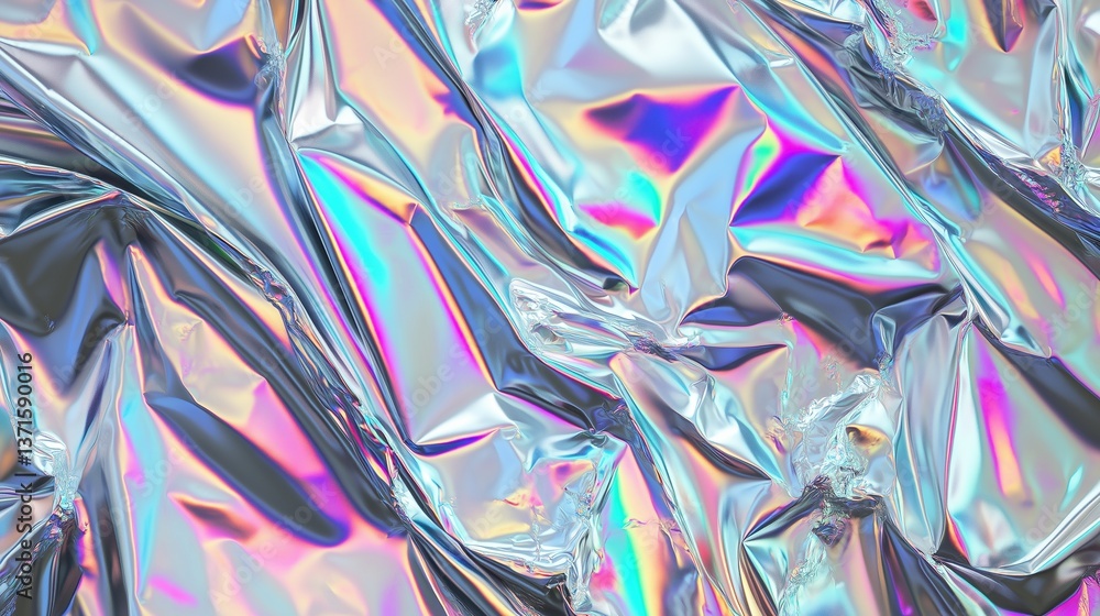 Poster Iridescent holographic foil material with crumpled metallic texture background, creating a vibrant rainbow color spectrum effect. Modern abstract design for futuristic technology, luxury packaging, or