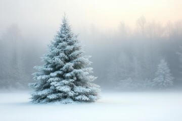 Beautiful Snowy Landscape with Decorated Evergreen Christmas Tree in Pastel Lighting