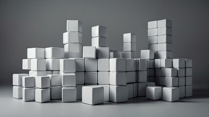 Abstract arrangement of gray geometric cubes creating a modern artistic structure. Perfect for backgrounds, technology, and design projects.