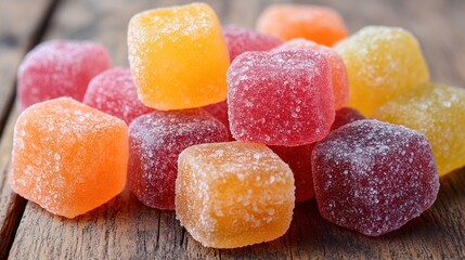 Colorful square gummy candies with sugar coating on wooden table. Vibrant sweet treats in hues of orange, yellow, red, showcasing glossy sugary texture.
