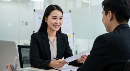 Obraz premium Professional Interview between a Young Asian Woman and a Young Asian Man in a Corporate Setting, Demonstrating Effective Communication Skills and Engagement in the Workplace