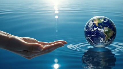 An artistic representation of a hand reaching out to a globe, symbolizing global consciousness and care for the Earth, depicted through serene water.