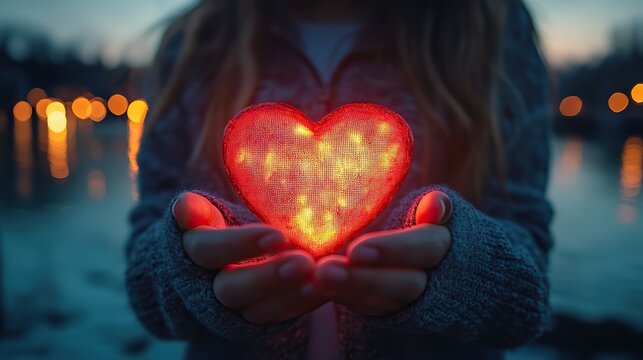 Female hands hold a smartphone showing love reactions against a romantic evening backdrop, ideal for dating apps.