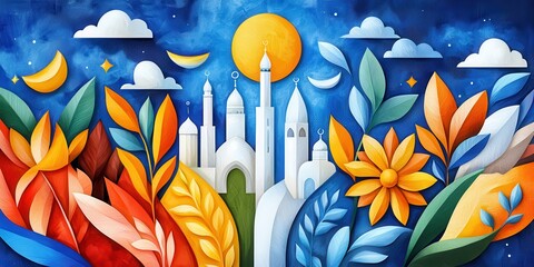 Floral Mosque: A Vibrant Celebration with Buildings, Nature and Celestial Elements in a Colorful Scene.