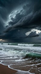 Obraz premium Dark storm clouds loom over the turbulent ocean waves, creating a dramatic scene of nature's power and beauty on a moody beach landscape.