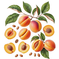 Watercolor Illustration of Fresh Peaches with Leaves and Seeds