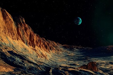 Martian landscape with rocky terrain under a starry sky. A distant blue and green planet is visible in the background