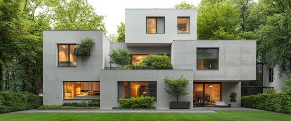 Modern multi-level home nestled in lush greenery.  Warm interior lighting visible through large windows