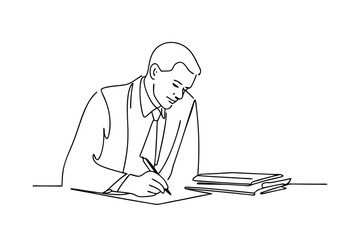 Obraz premium Businessperson Writing On Paper With Stack Of Documents, Professional Workspace Sketch