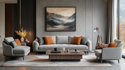 Living room composition with gray sofa, armchair, wooden coffee table, lamp, and stylish accessories template. 