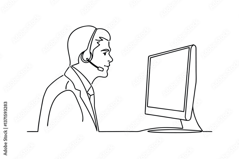 Poster customer service agent using headset and desktop computer