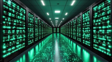 Long corridor of data center with green-lit server racks. Tech environment showing rows of digital code screens and bright overhead lights in modern server room.

