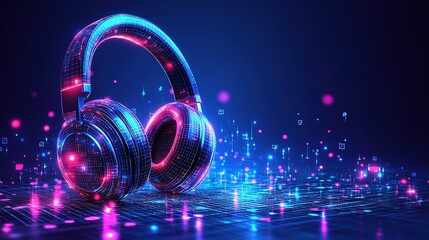 Glowing futuristic headphones with neon lights and digital elements. Vibrant blue and pink tech scene showing illuminated audio equipment on digital grid background.
