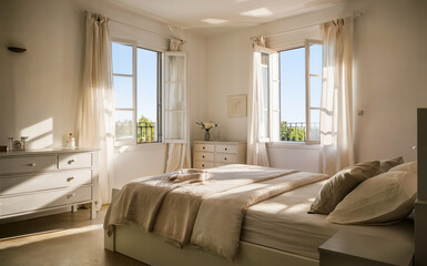 Fototapeta premium Sunlit Bedroom with French Doors and Tranquil View Offers Peaceful Retreat