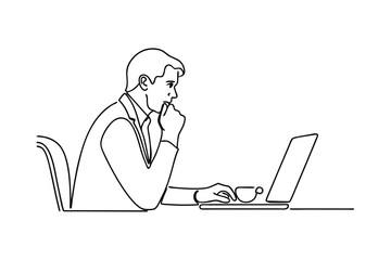Contemplative Businessman Working on Laptop, One Line Drawing, Office, Thoughtful, Coffee, Problem So