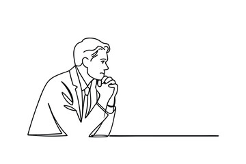 Contemplative Businessman SingleLine Drawing, Thoughtful Pose, Office Setting, Strategic Planning, P