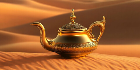 3D Render of Golden Teapot in Desert Landscape