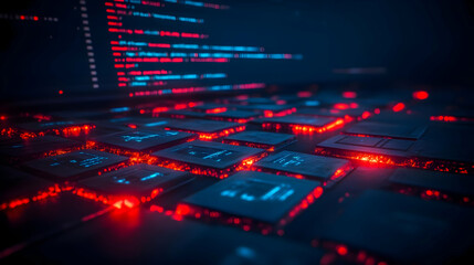 Obraz premium Abstract 3D Rendering of Glowing Circuit Board With Data Code Display