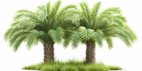 3D Render of Double Palm Trees with Green Leaves and Grass in White Background