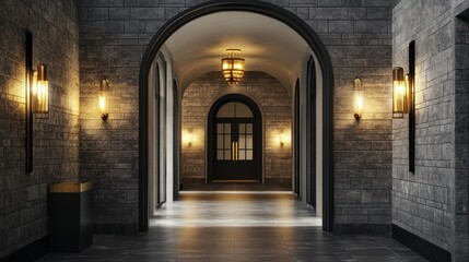 Elegant stone hallway interior design, arched doorways, lighting, luxury hotel