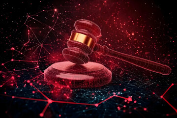 3D Rendering of Red Illuminated Gavel Over Digital Network Background